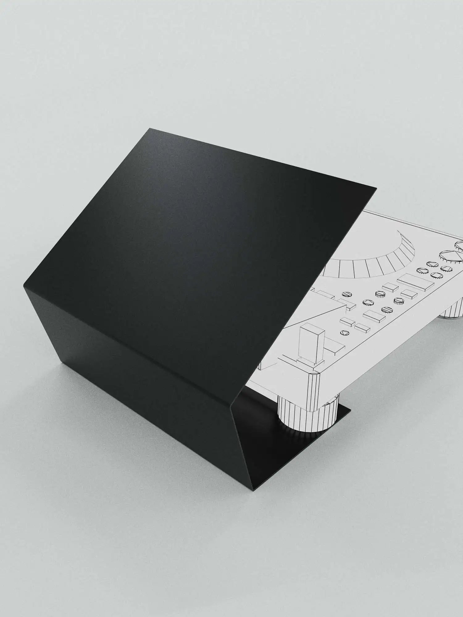 Schwarzer, matter DJ-Mixer-Ständer mit elegantem, kantigem Design.
